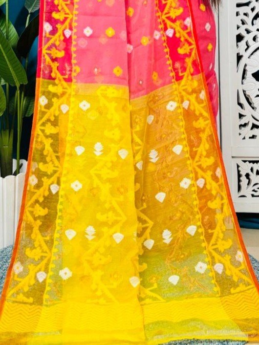 Watermelon Korat Buti Soft Jamdani Sari With Blouse Piece