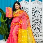 Watermelon Korat Buti Soft Jamdani Sari With Blouse Piece