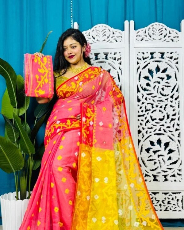 Watermelon Korat Buti Soft Jamdani Sari With Blouse Piece