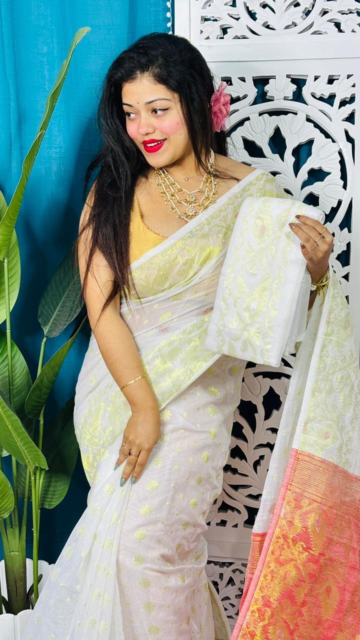 White Soft Golden Buti Jamdani Sari With Blouse Piece