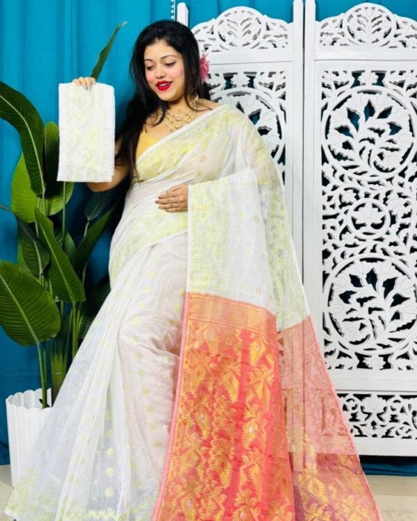 White Soft Golden Buti Jamdani Sari With Blouse Piece