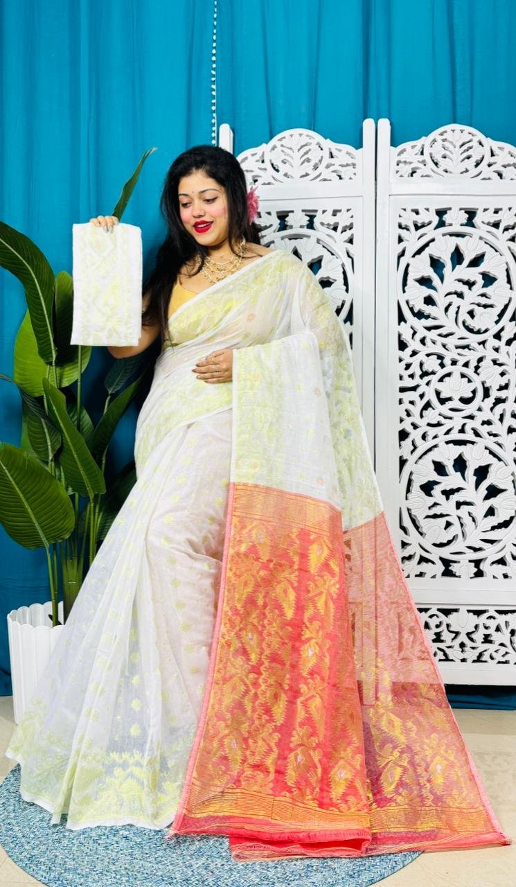 White Soft Golden Buti Jamdani Sari With Blouse Piece