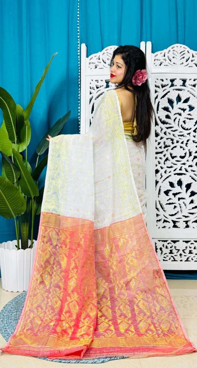 White Soft Golden Buti Jamdani Sari With Blouse Piece