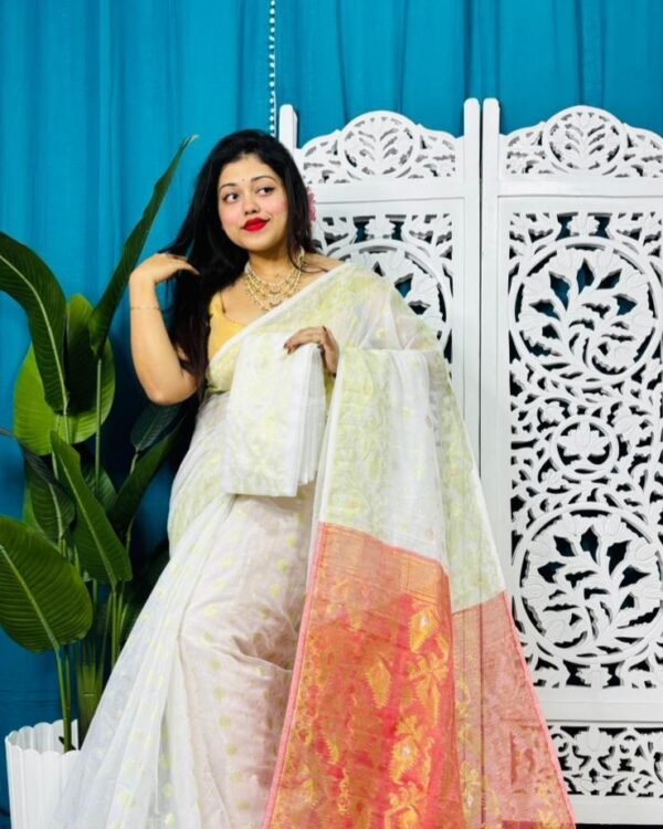 White Soft Golden Buti Jamdani Sari With Blouse Piece