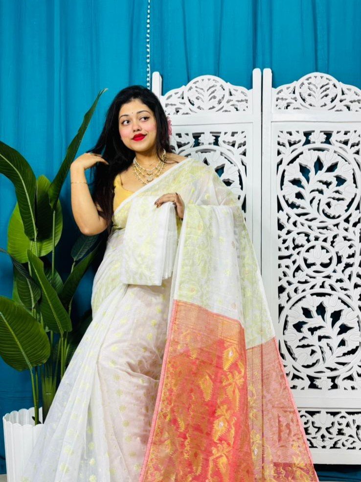 White Soft Golden Buti Jamdani Sari With Blouse Piece