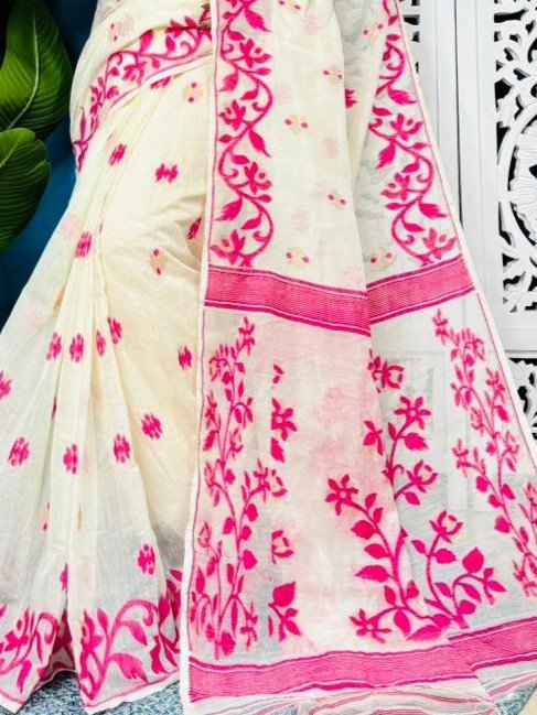 White Rock Soft Lota Jamdani Sari With Blouse Piece