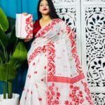 White Soft Lota Jamdani Sari With Blouse Piece