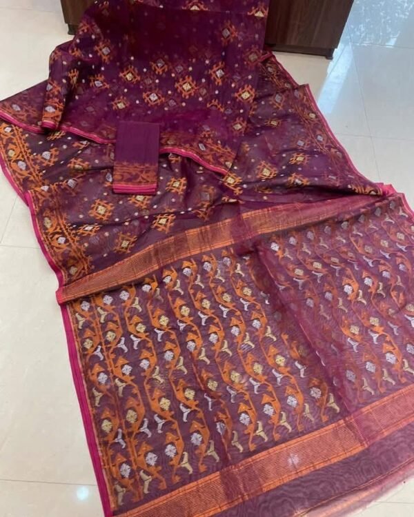 Wine Berry Soft Joriwork Jamdani Sari With Blouse Piece