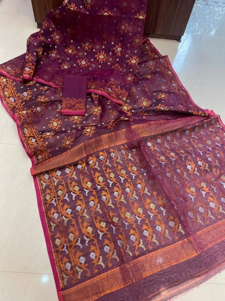 Wine Berry Soft Joriwork Jamdani Sari With Blouse Piece