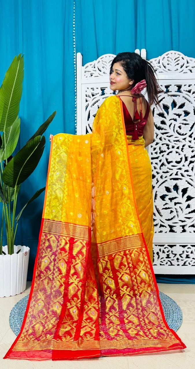 Yellow And Red Soft Golden Buti Jamdani Sari With Blouse Piece