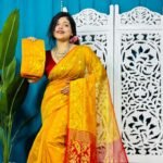 Yellow And Red Soft Golden Buti Jamdani Sari With Blouse Piece