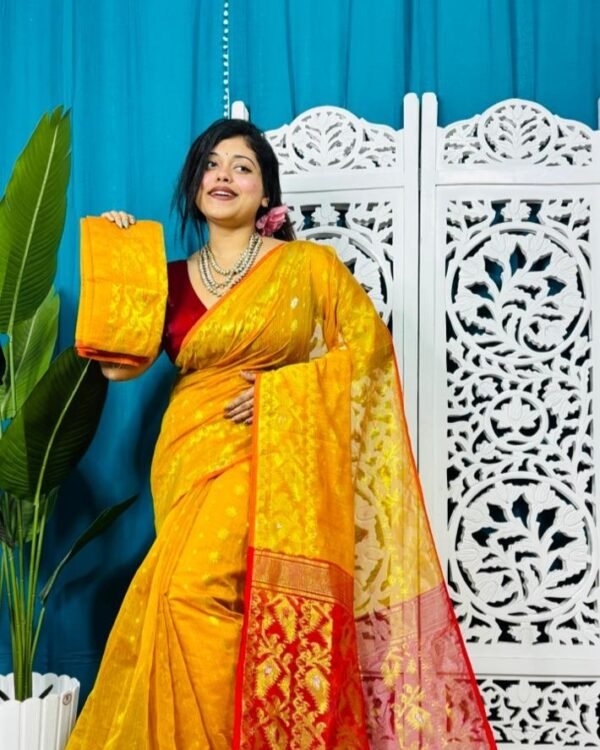 Yellow And Red Soft Golden Buti Jamdani Sari With Blouse Piece