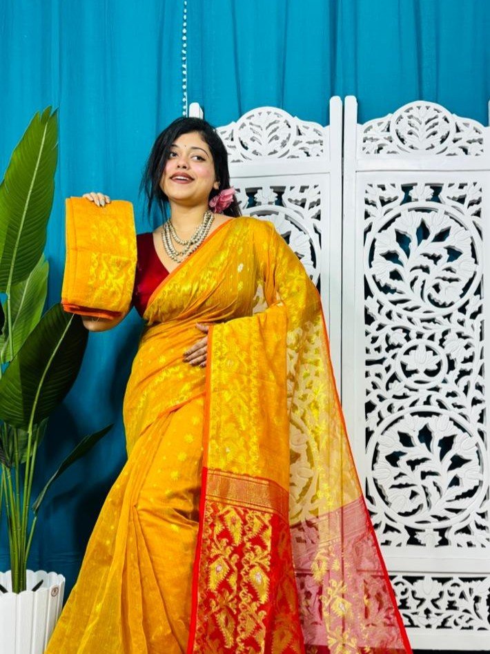 Yellow And Red Soft Golden Buti Jamdani Sari With Blouse Piece
