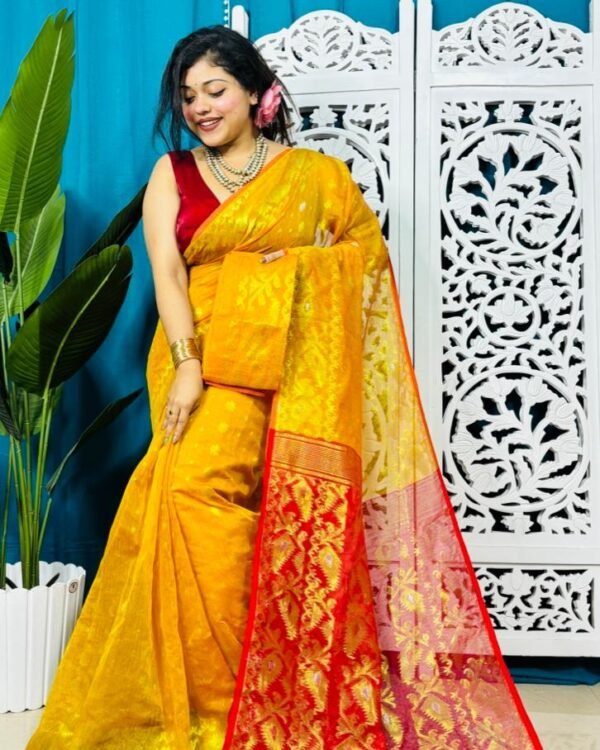 Yellow And Red Soft Golden Buti Jamdani Sari With Blouse Piece