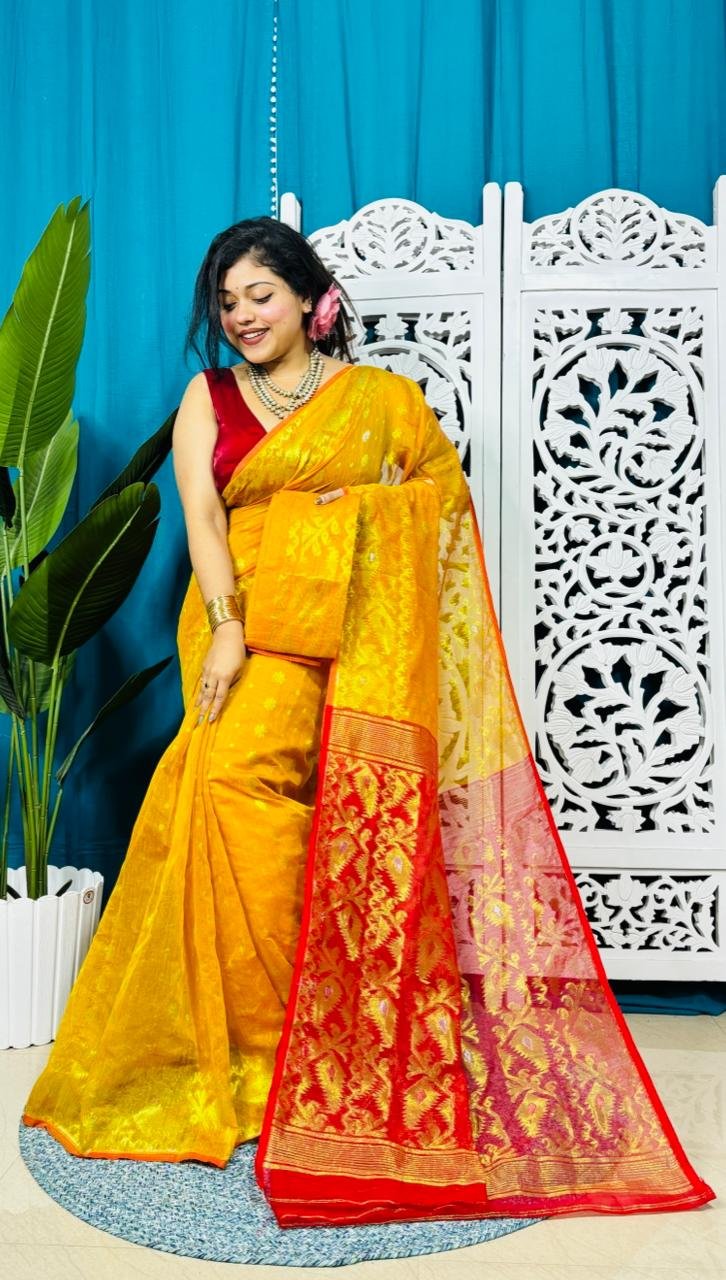 Yellow And Red Soft Golden Buti Jamdani Sari With Blouse Piece