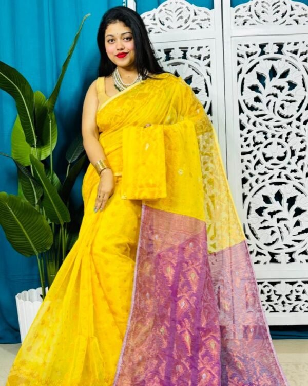 Yellow And Warm Purple Soft Golden Buti Jamdani Sari With Blouse Piece