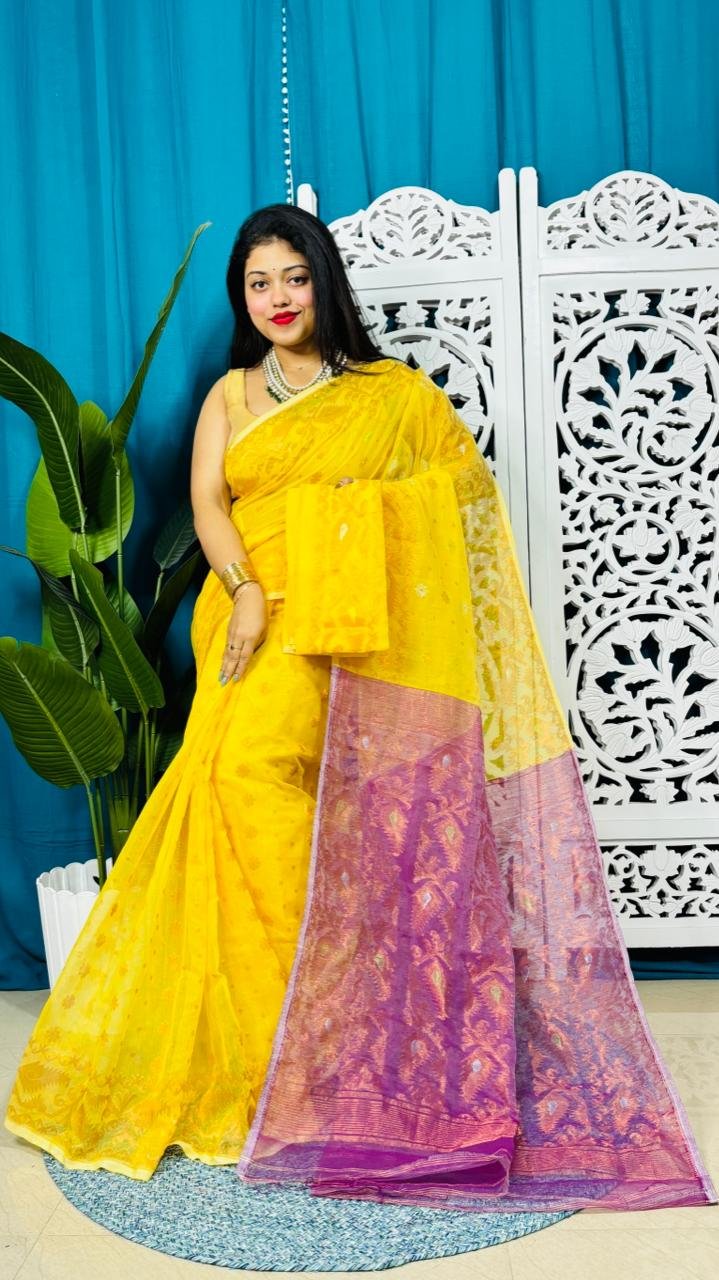 Yellow And Warm Purple Soft Golden Buti Jamdani Sari With Blouse Piece