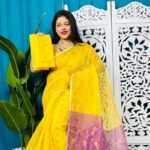 Yellow And Warm Purple Soft Golden Buti Jamdani Sari With Blouse Piece