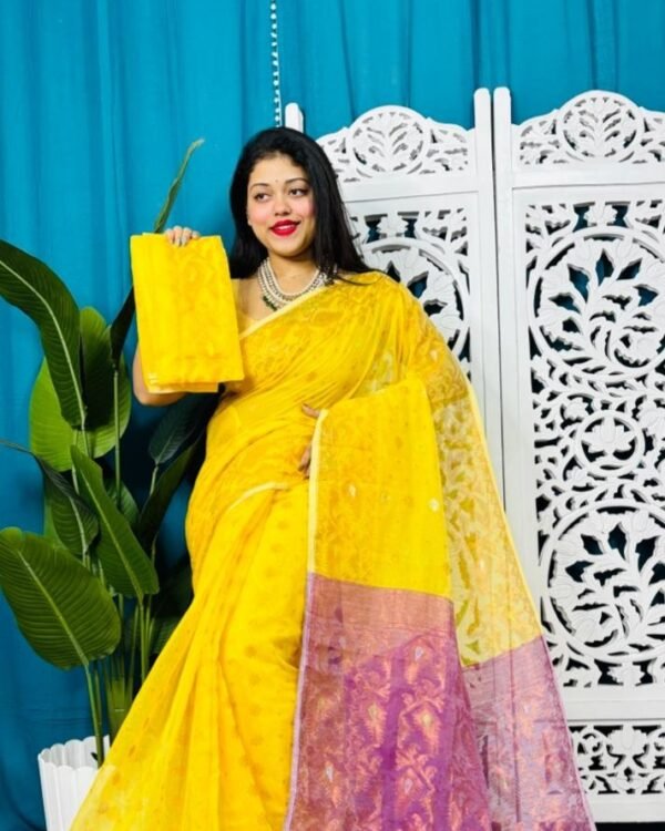 Yellow And Warm Purple Soft Golden Buti Jamdani Sari With Blouse Piece