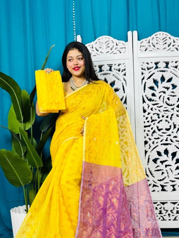 Yellow And Warm Purple Soft Golden Buti Jamdani Sari With Blouse Piece