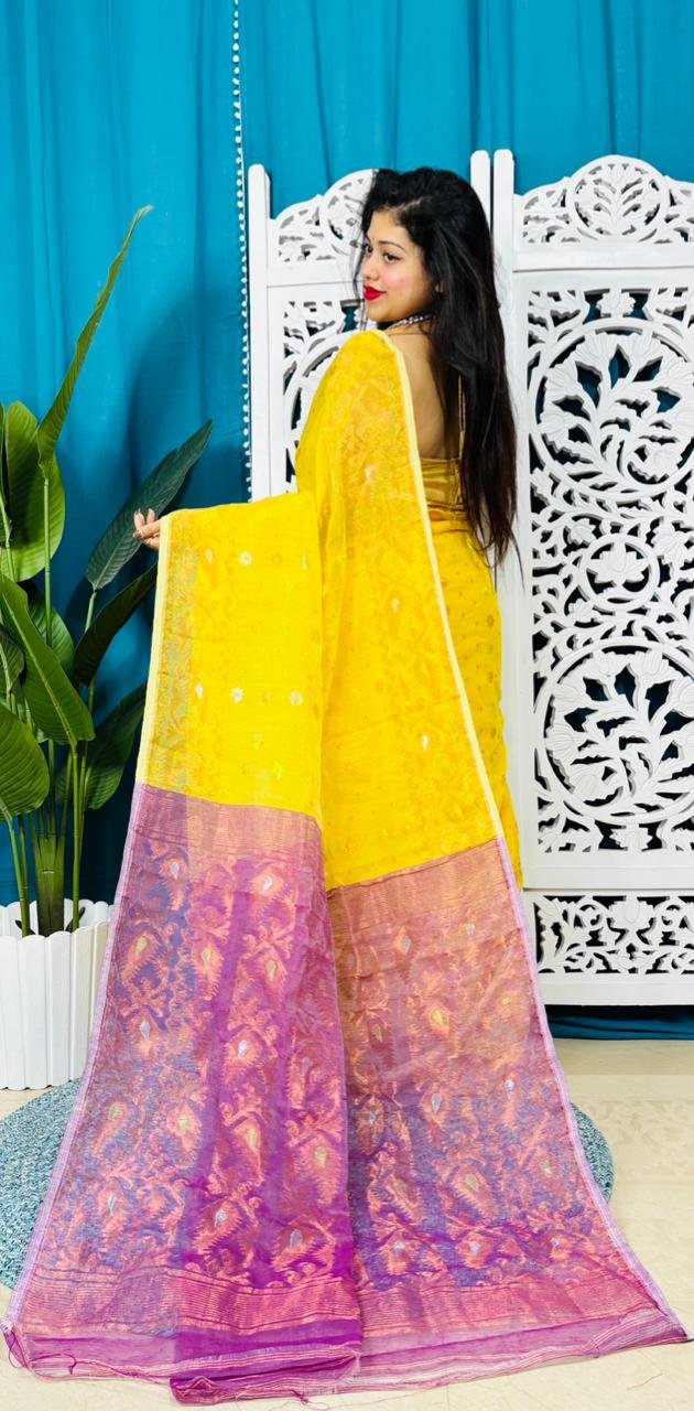 Yellow And Warm Purple Soft Golden Buti Jamdani Sari With Blouse Piece