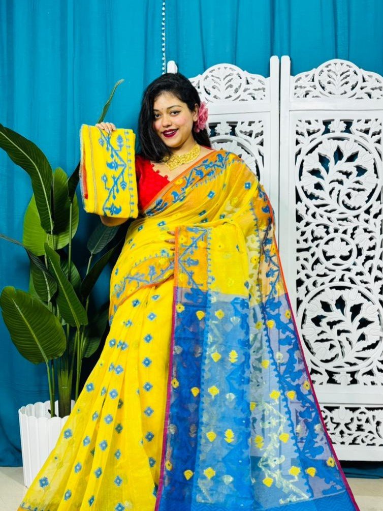 Yellow And Water Blue Korat Buti Soft Jamdani Sari With Blouse Piece