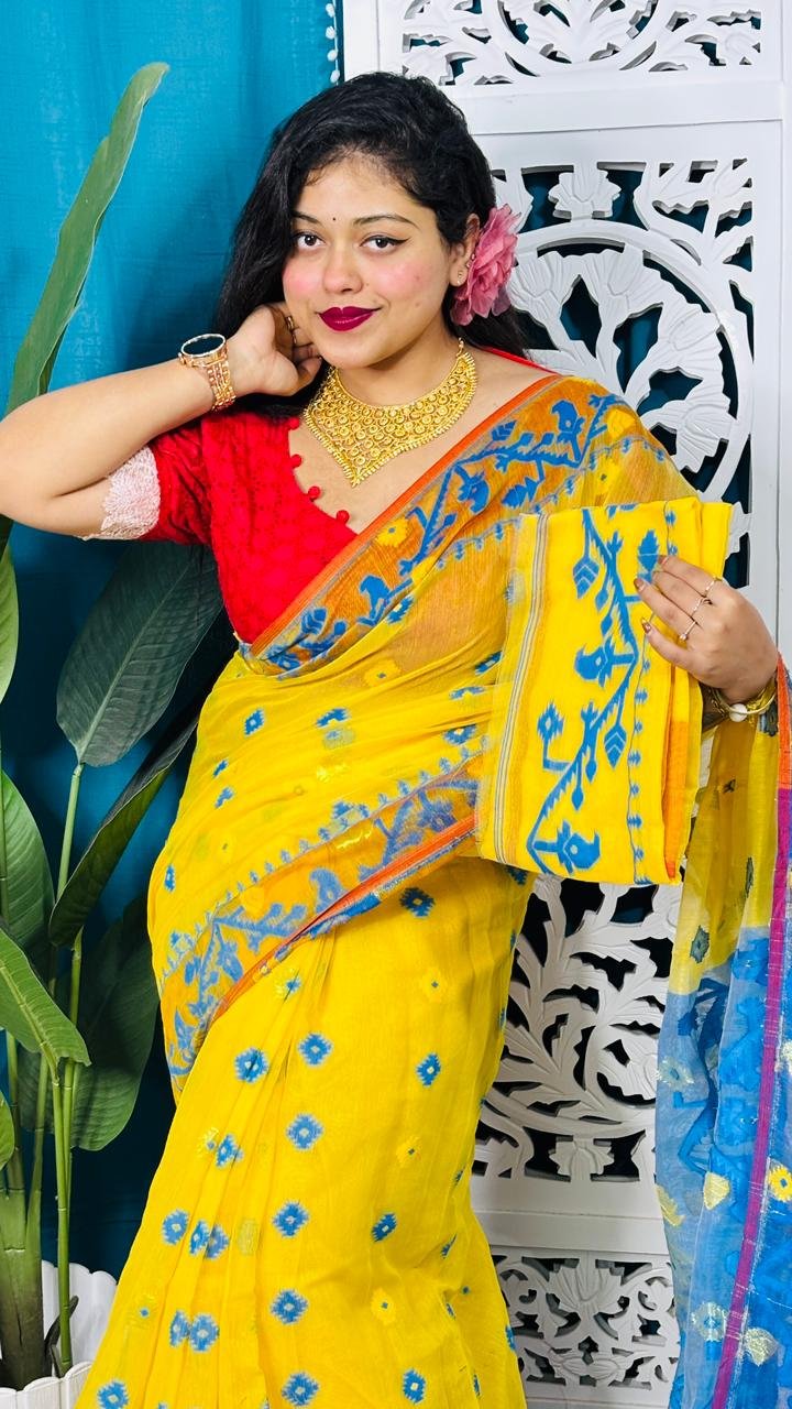 Yellow And Water Blue Korat Buti Soft Jamdani Sari With Blouse Piece