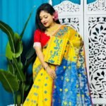 Yellow And Water Blue Korat Buti Soft Jamdani Sari With Blouse Piece