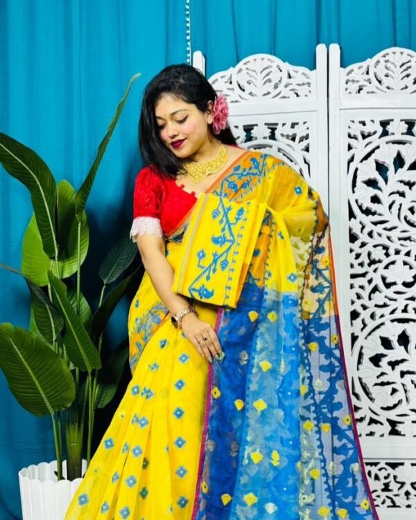 Yellow And Water Blue Korat Buti Soft Jamdani Sari With Blouse Piece