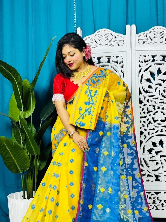 Yellow And Water Blue Korat Buti Soft Jamdani Sari With Blouse Piece