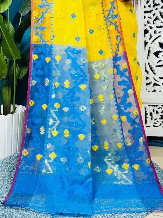 Yellow And Water Blue Korat Buti Soft Jamdani Sari With Blouse Piece