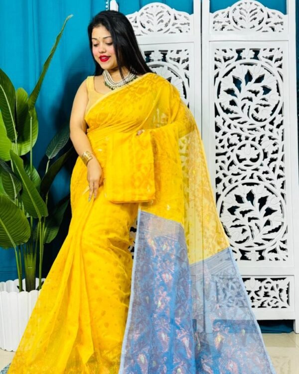 Yellow Soft Golden Buti Jamdani Sari With Blouse Piece