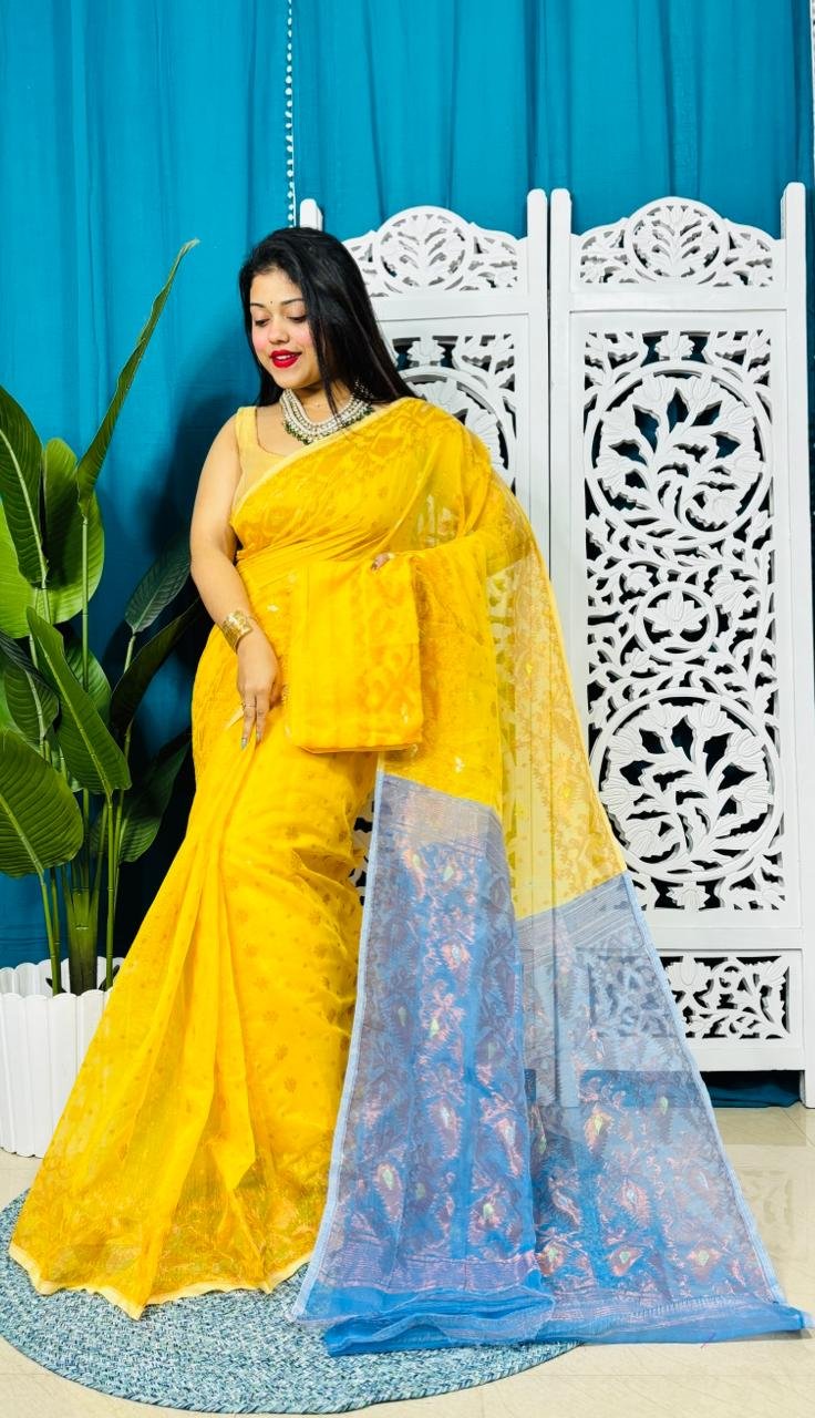 Yellow Soft Golden Buti Jamdani Sari With Blouse Piece