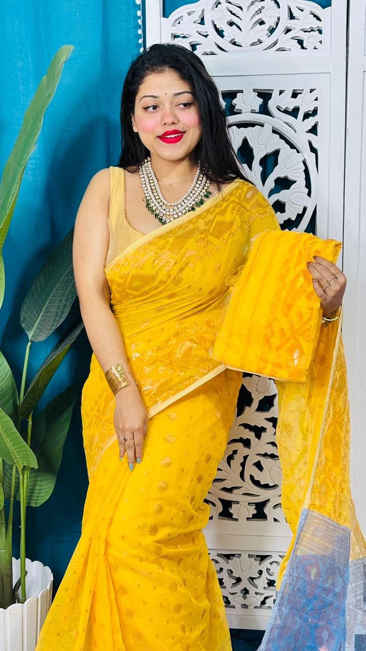 Yellow Soft Golden Buti Jamdani Sari With Blouse Piece