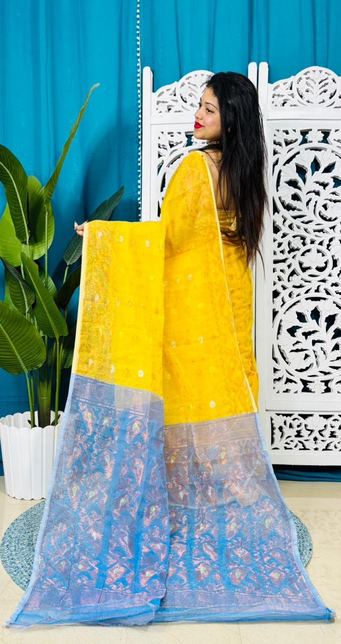 Yellow Soft Golden Buti Jamdani Sari With Blouse Piece