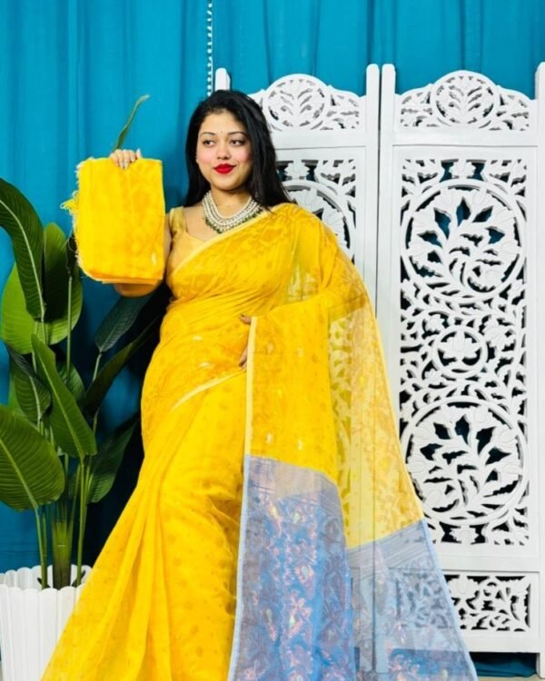 Yellow Soft Golden Buti Jamdani Sari With Blouse Piece