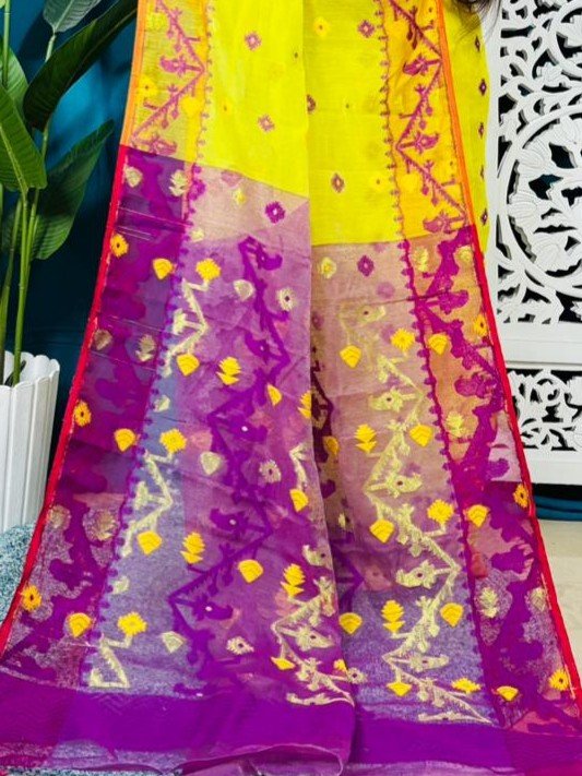 Yellow Korat Buti Soft Jamdani Sari With Blouse Piece - Image 3