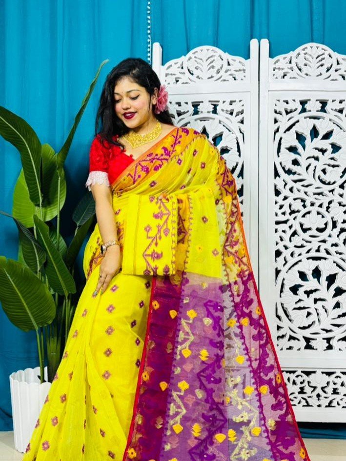 Yellow Korat Buti Soft Jamdani Sari With Blouse Piece - Image 2