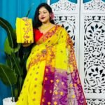 Yellow Korat Buti Soft Jamdani Sari With Blouse Piece