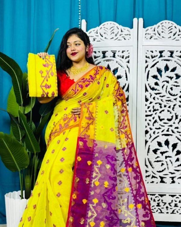 Yellow Korat Buti Soft Jamdani Sari With Blouse Piece