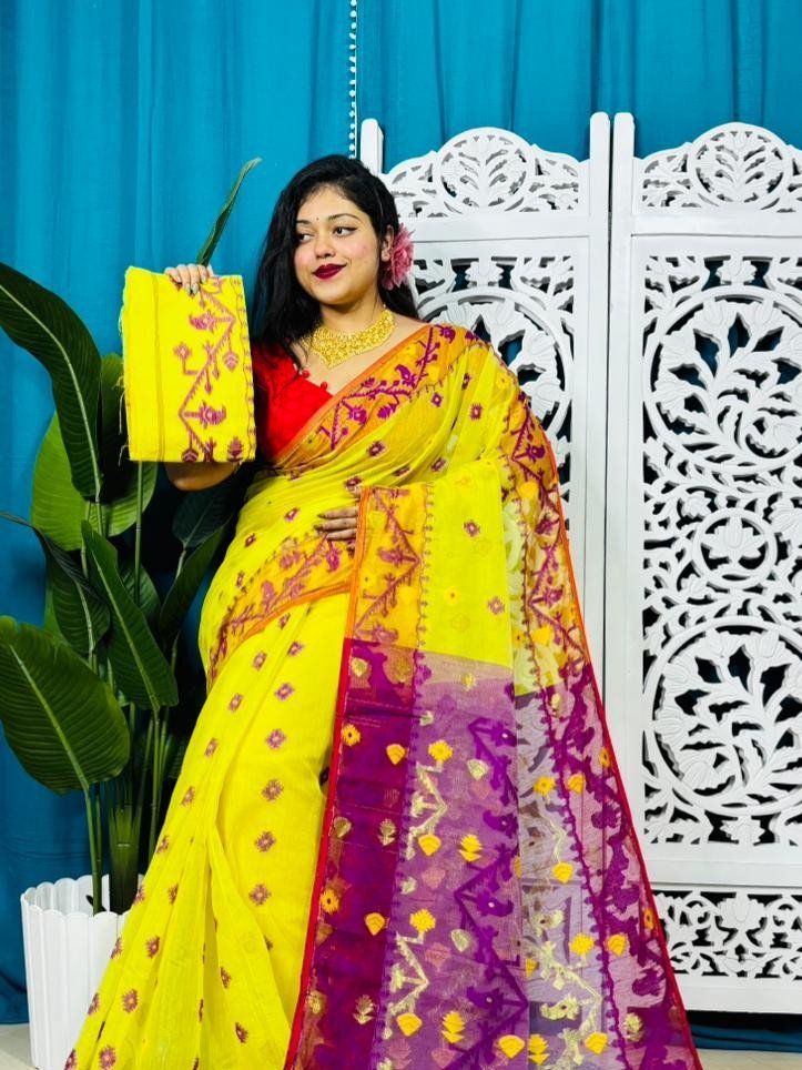 Yellow Korat Buti Soft Jamdani Sari With Blouse Piece