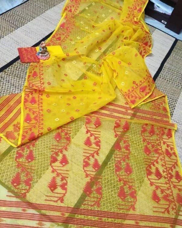 Yellow Soft Buti Karat Jamdani Sari With Blouse Piece