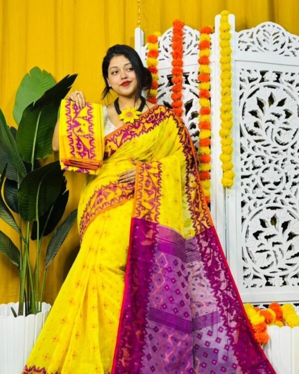 Yellow Soft Dhakai Jamdani Saree