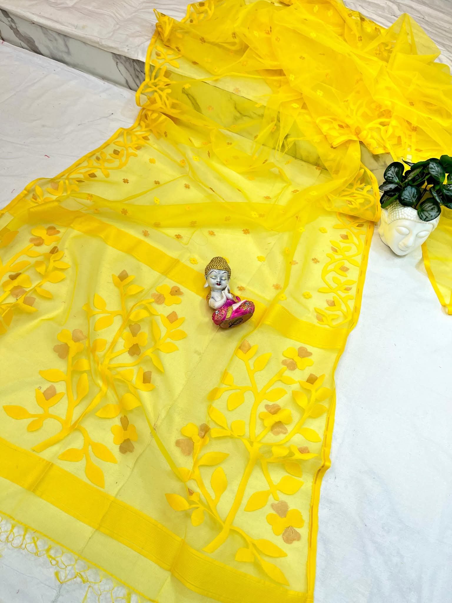 Yellow Soft Nayan Tara Dhakai Jamdani Sari