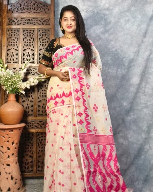 Almond Soft Buti Jamdani Sari With Blouse Piece