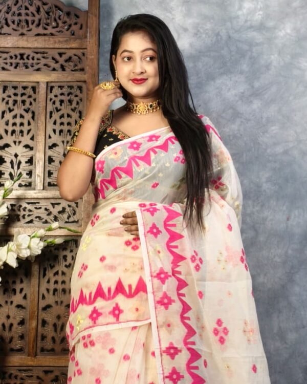 Almond Soft Buti Jamdani Sari With Blouse Piece