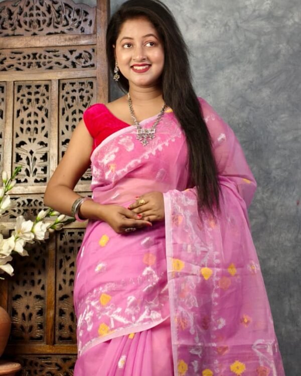 Bashful Pink Soft Buti Korat Jamdani Sari With Blouse Piece