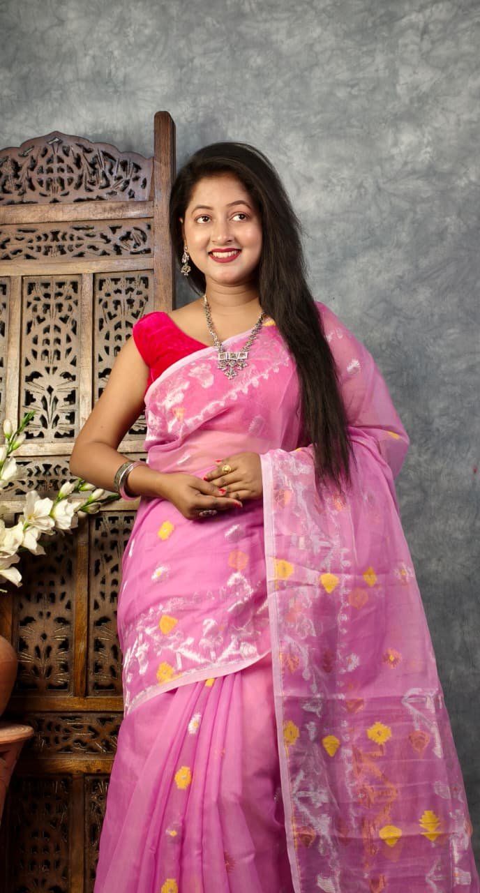 Bashful Pink Soft Buti Korat Jamdani Sari With Blouse Piece