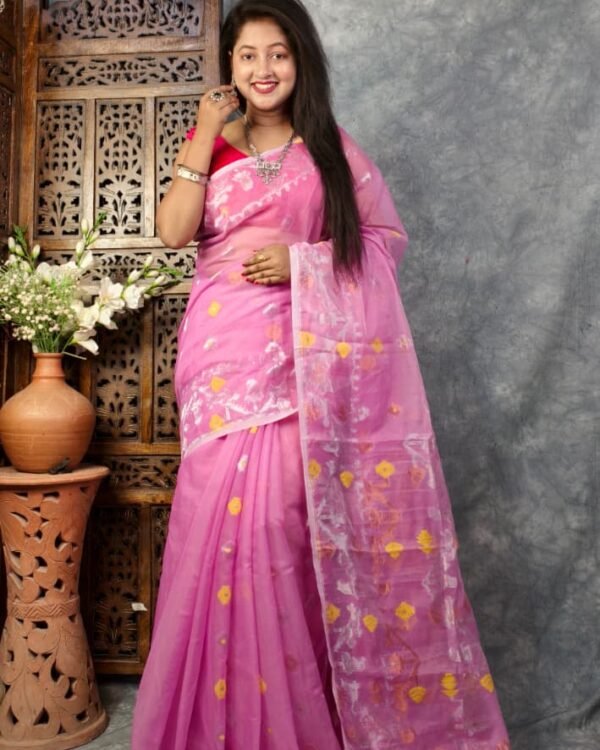 Bashful Pink Soft Buti Korat Jamdani Sari With Blouse Piece