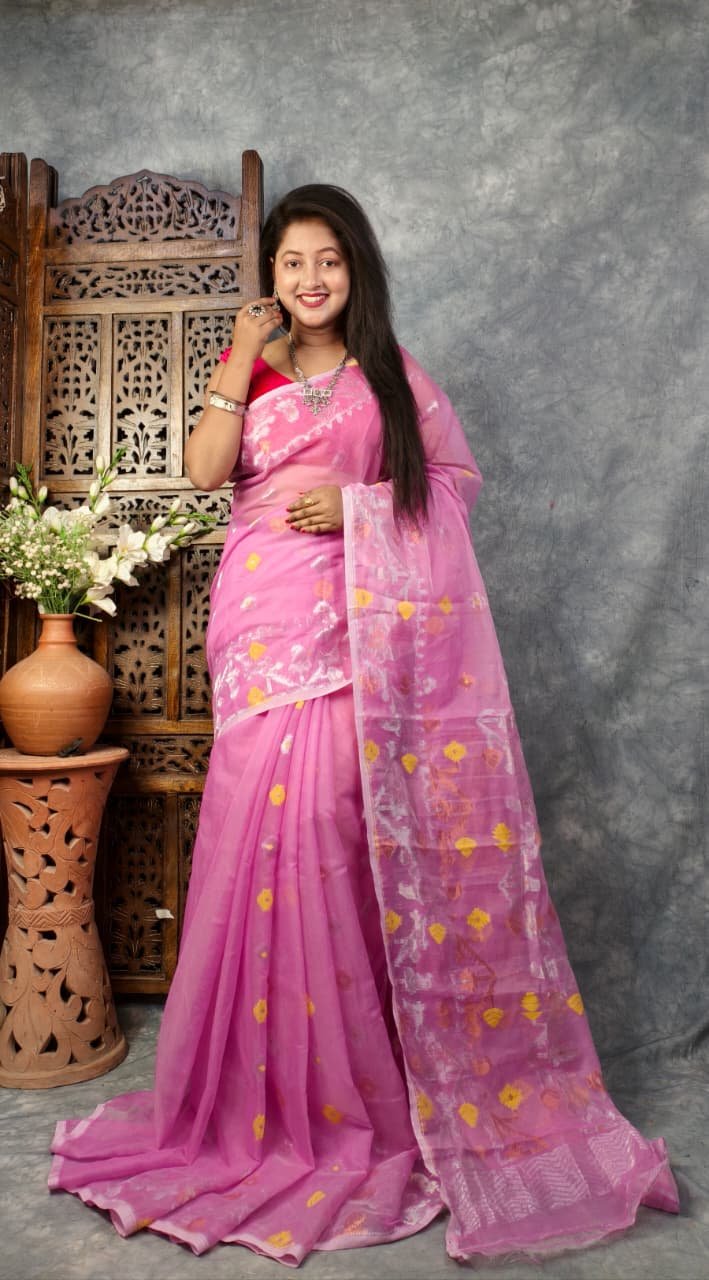 Bashful Pink Soft Buti Korat Jamdani Sari With Blouse Piece